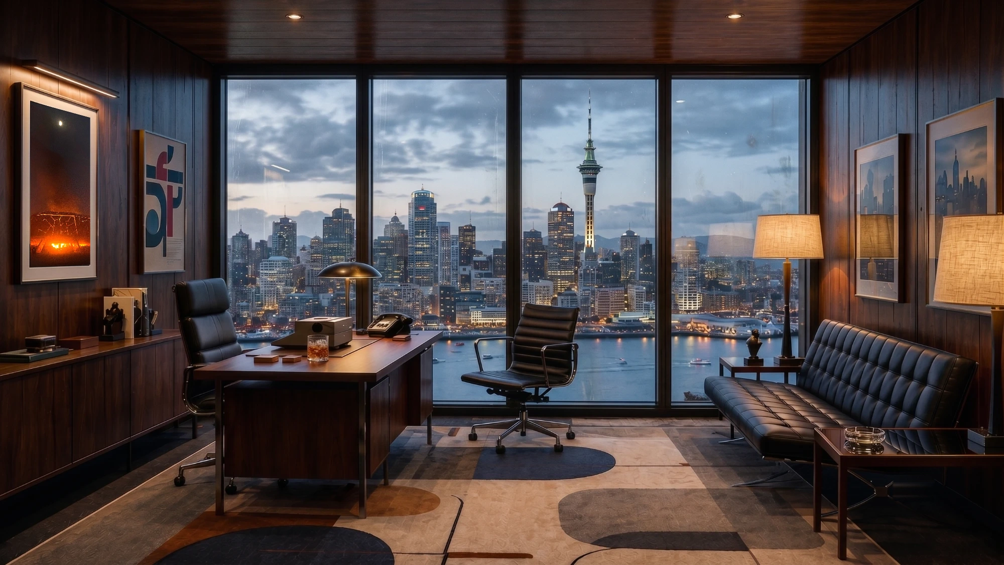 A corner office at dusk, looking out over the Auckland skyline